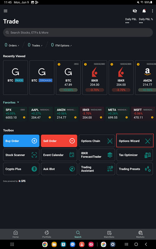 The options wizard button on the Android Tablet